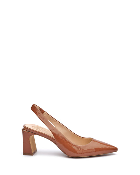 The Vince Camuto Hamden Slingback is a brown patent leather pump featuring a point-toe design and a mid-height block heel, shown against a white background.