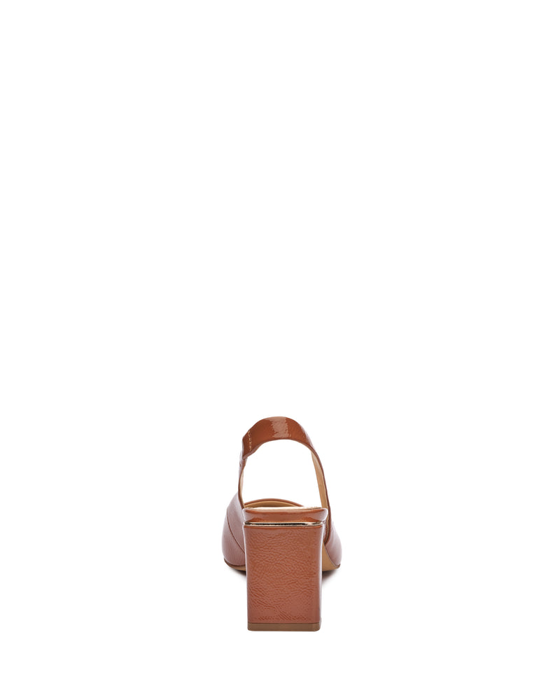 Rear view of the Vince Camuto Hamden Slingback, a brown leather shoe featuring a low block heel, ankle strap, and mid-height heel, shown against a white background.