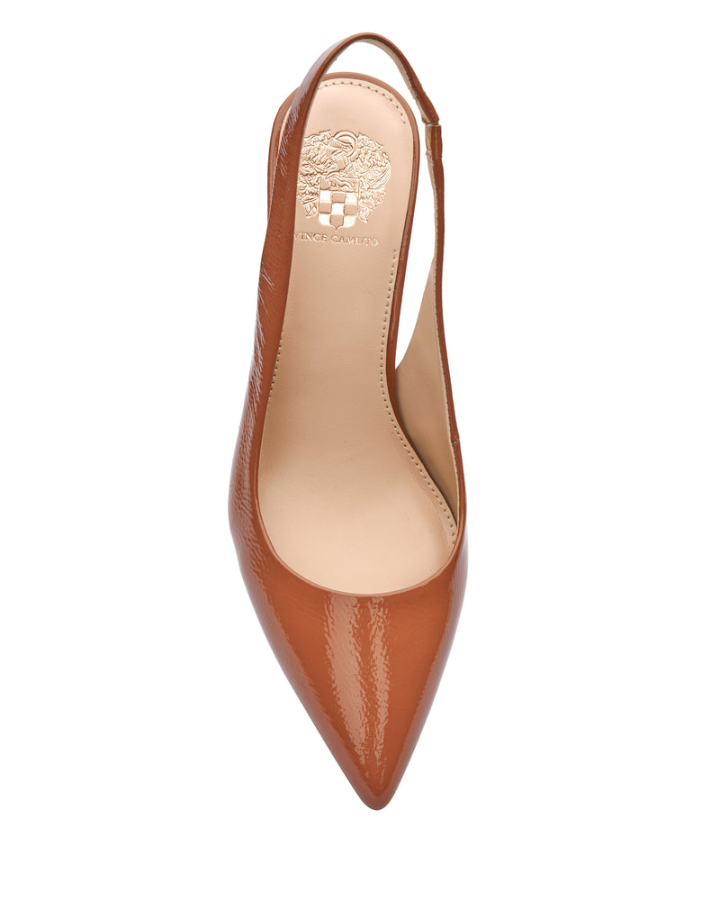 Top view of the Vince Camuto Hamden Slingback, a single brown patent leather point-toe pump with a beige insole, mid-height heel, and gold logo stamped near the heel.