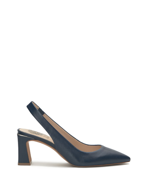The Vince Camuto Hamden Slingback is a navy blue leather pump featuring a pointed toe, a slingback strap, and a medium-height block heel, displayed on a white background.