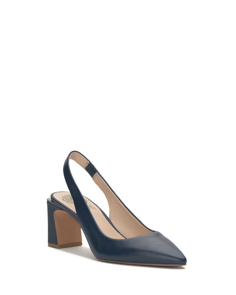 The Hamden Slingback by Vince Camuto, a navy blue leather pump with a pointed toe and block heel, is shown on a white background.
