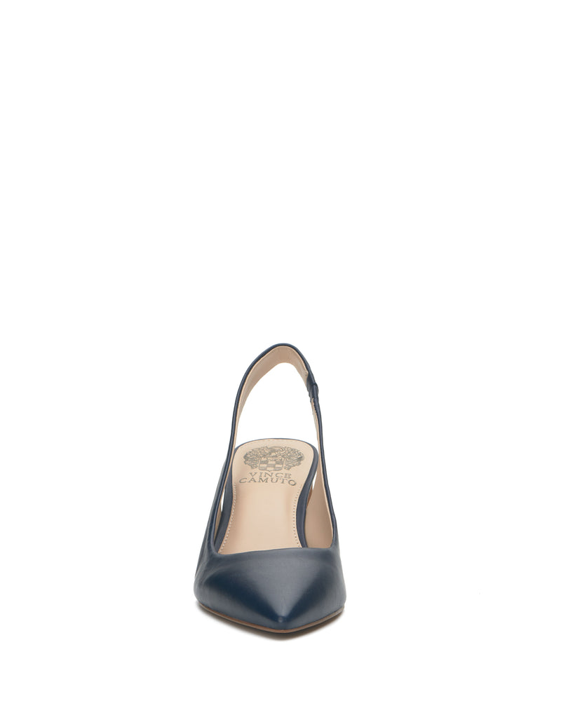 Front view of the Hamden Slingback by Vince Camuto, a navy blue leather point-toe pump featuring a slingback strap with an open heel and beige insole, displayed on a white background.