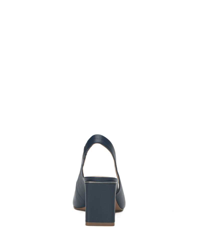Rear view of a single Vince Camuto Hamden Slingback in dark blue leather, featuring a block heel, closed toe, and slingback strap, photographed against a plain white background.
