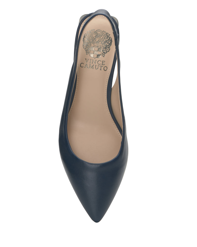 A top view of the Vince Camuto Hamden Slingback flat shoe in navy blue, featuring a pointed toe, an elegant slingback strap for added support, and a tan leather insole with the brand’s logo near the heel.