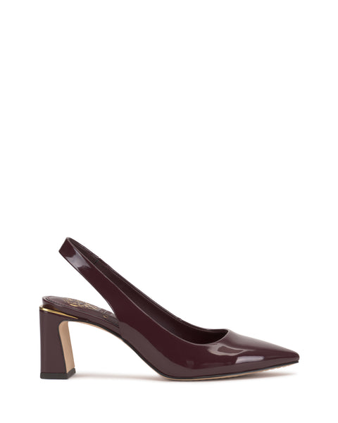 The Vince Camuto Hamden Slingback is a burgundy patent leather pump featuring a pointed toe and a mid-height heel, displayed on a white background.