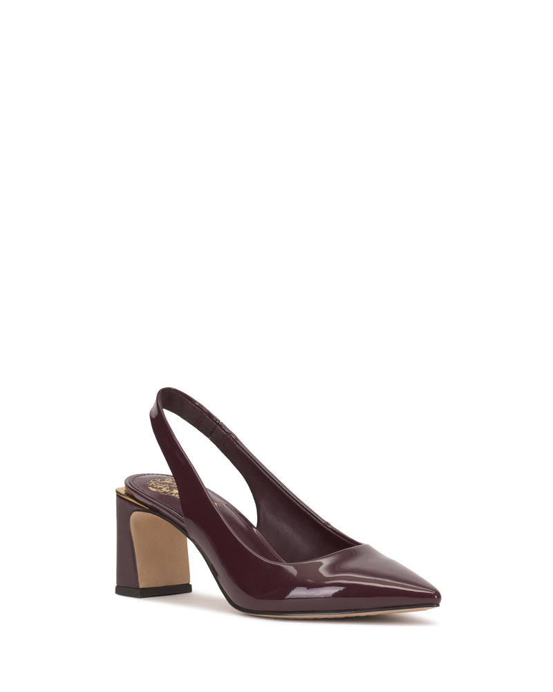 The Hamden Slingback by Vince Camuto is a burgundy patent leather point-toe pump with a mid-height block heel, displayed on a white background.