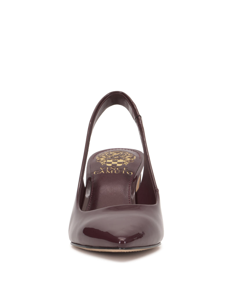 Front view of the Hamden Slingback by Vince Camuto, featuring glossy burgundy leather in a point-toe design with a sleek slingback strap, an open heel, and a gold Vince Camuto logo on the insole.