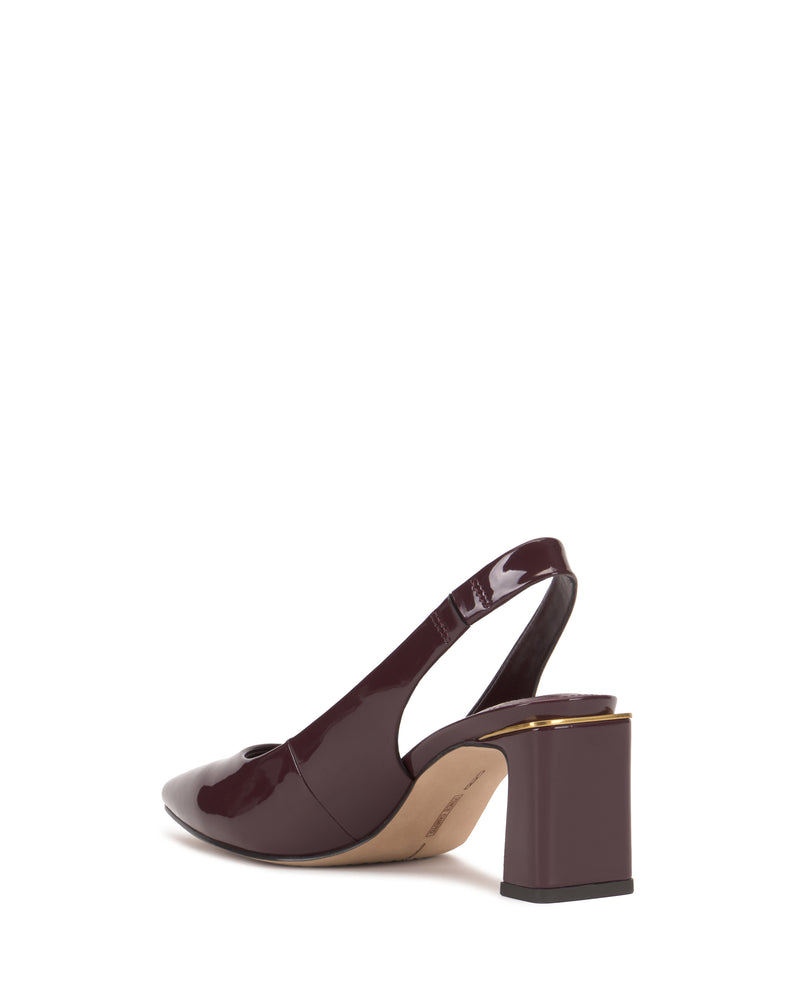 The Vince Camuto Hamden Slingback is a burgundy patent leather slingback heel featuring a square block heel, a sleek slingback strap, and gold trim detail near the sole, displayed against a white background.