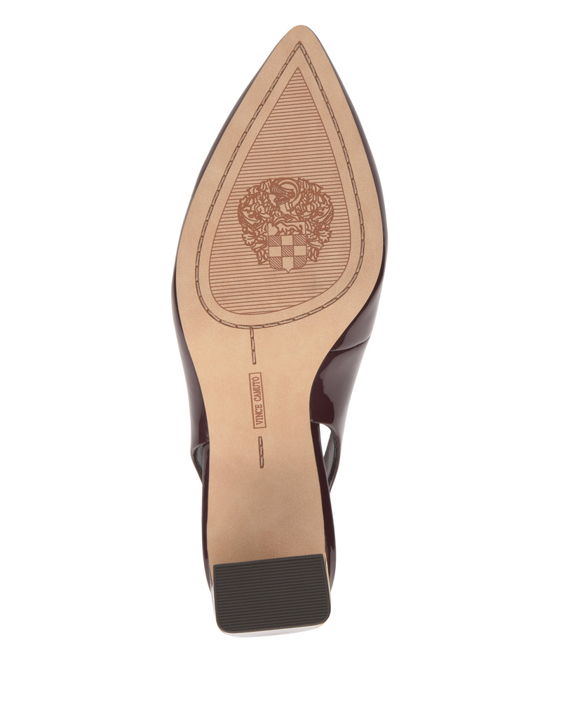 The view of the sole of the Vince Camuto Hamden Slingback reveals a textured grip at the heel and an intricate embossed design near the toe area.