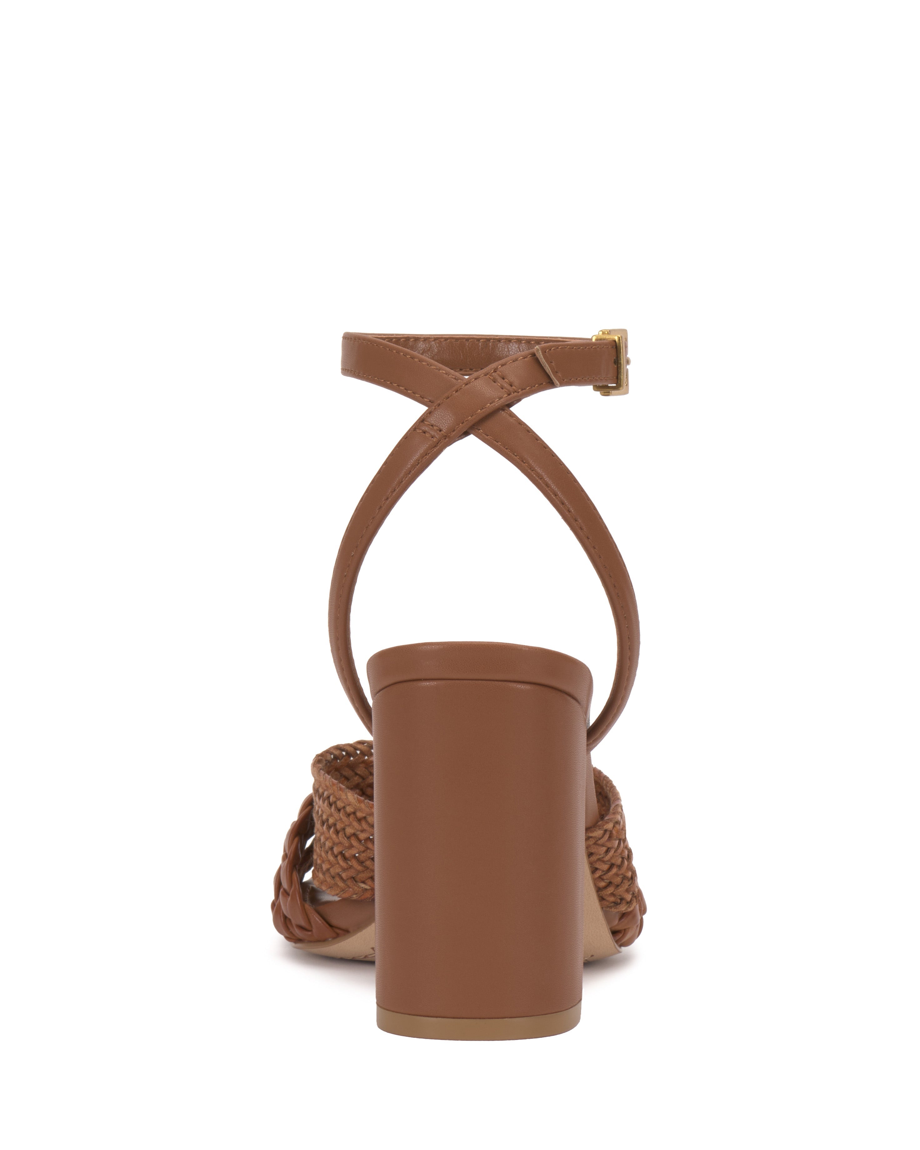The Vince Camuto Hanlea Sandal features braided textures, an ankle strap with a gold buckle, and a chunky block heel for style and stability.