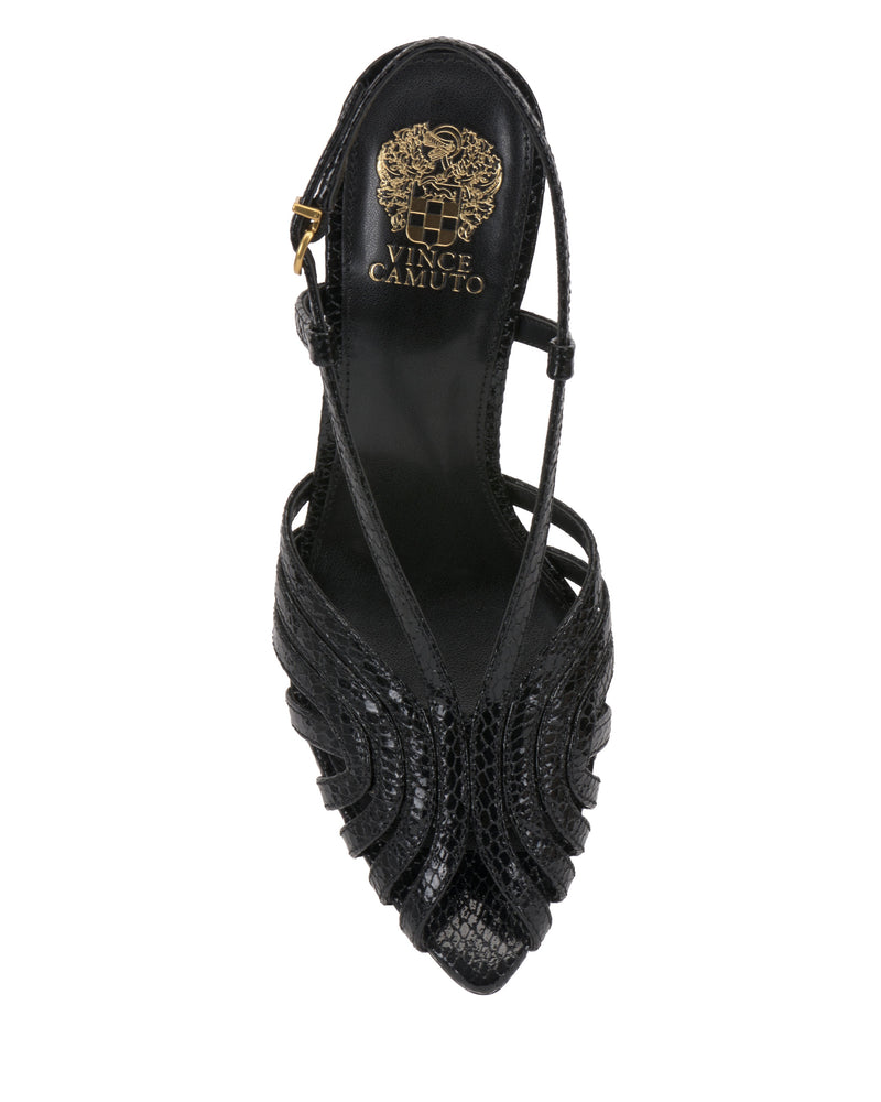 The Hannie Slingback Sandal by Vince Camuto features a black, open-toe design with a sharp high heel, textured snake print, gold brand logo on the insole, and decorative toe stitching.