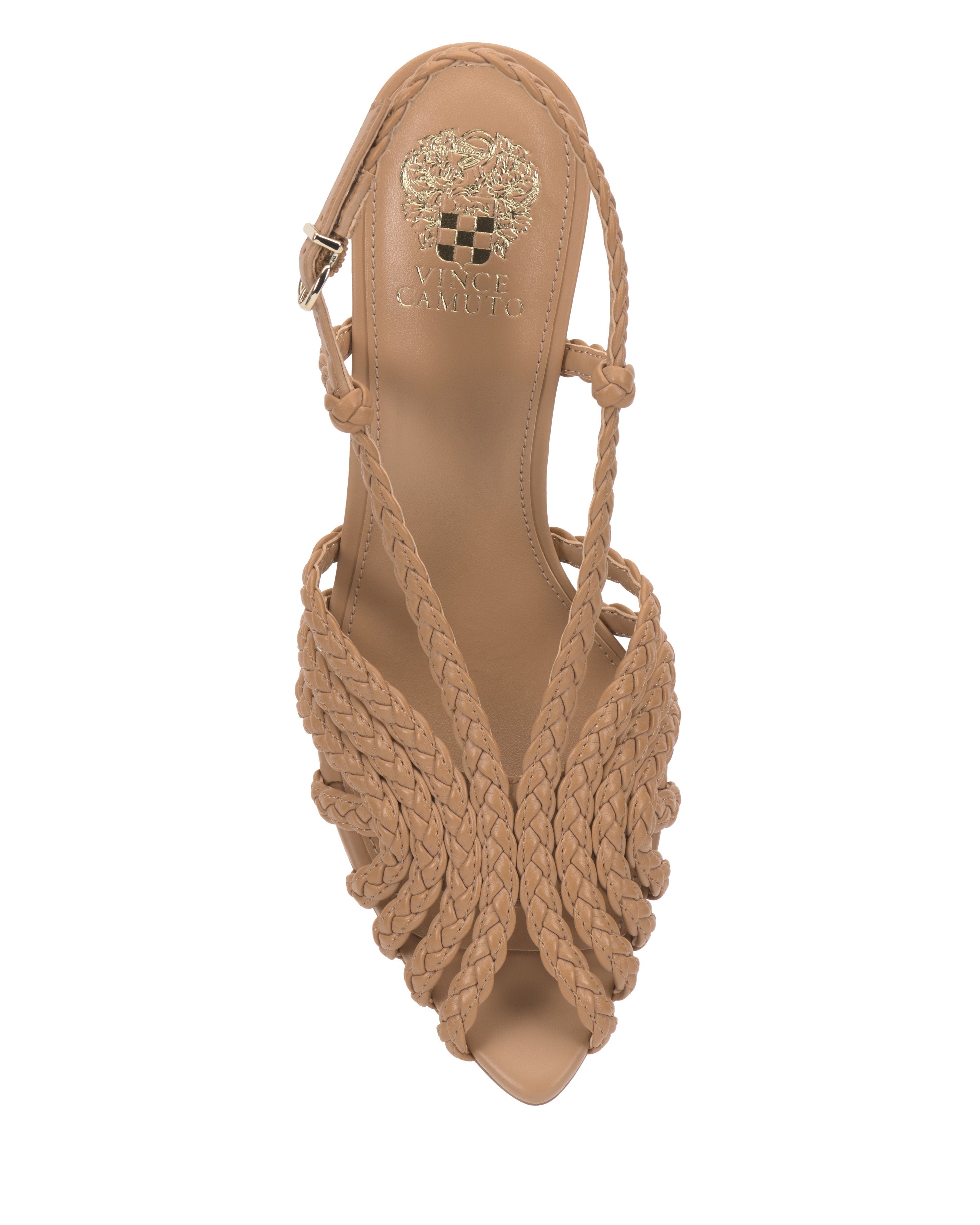Top view of the Hannie Slingback Sandal by Vince Camuto, featuring tan braided caged straps, an open toe, and a buckled slingback. The insole displays the gold Vince Camuto logo.