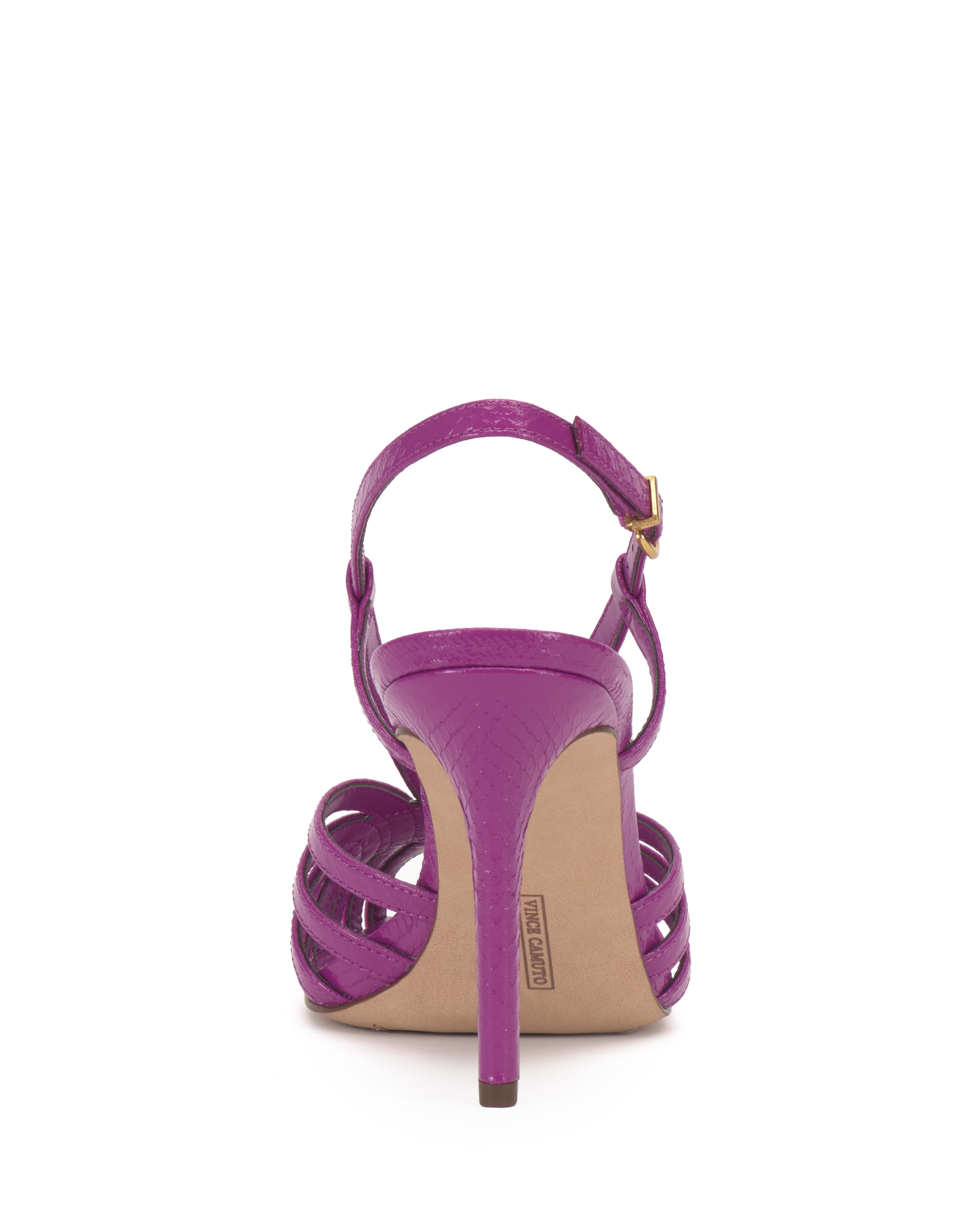 Rear view of the Vince Camuto Hannie Slingback Sandal in purple snake print, featuring a caged silhouette, ankle strap with gold buckle, open toe, thin heel, and beige sole.