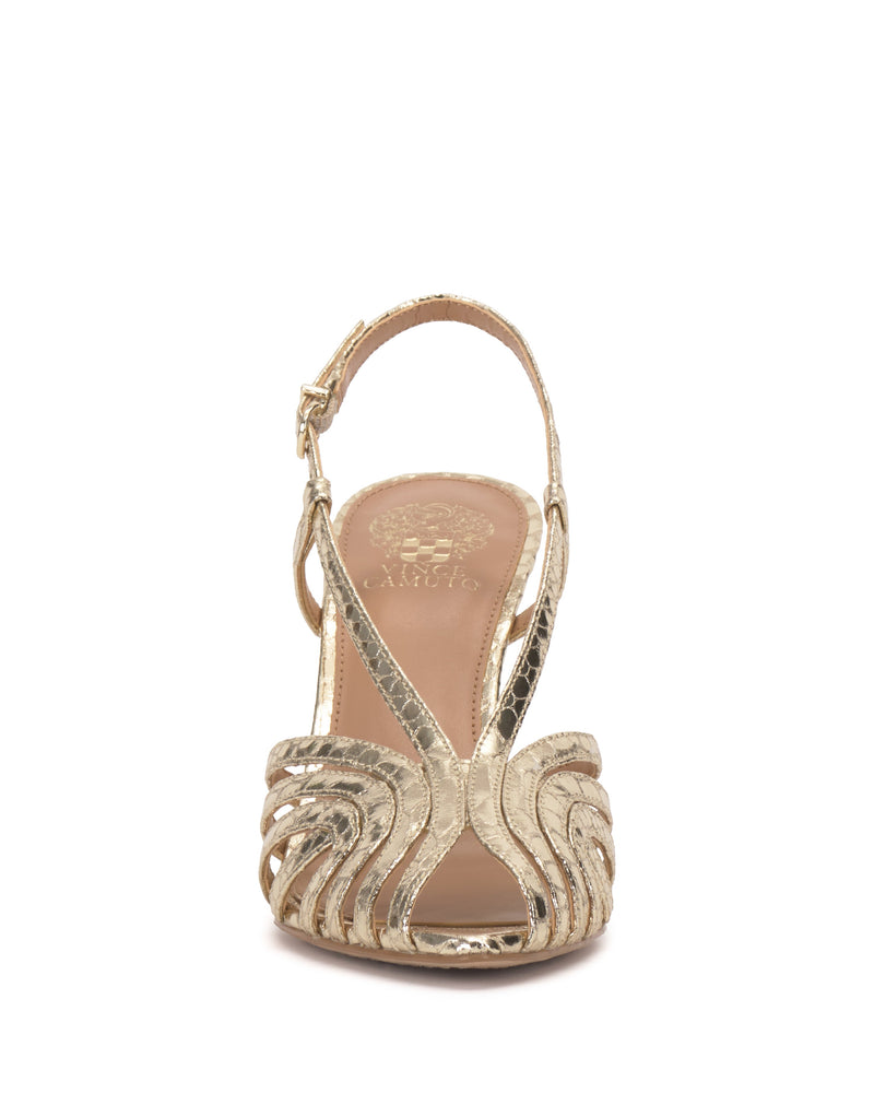 Front view of the gold Hannie Slingback Sandal by Vince Camuto, featuring a strappy, caged design with textured metallic finish and buckle ankle strap, displayed on a plain white background.