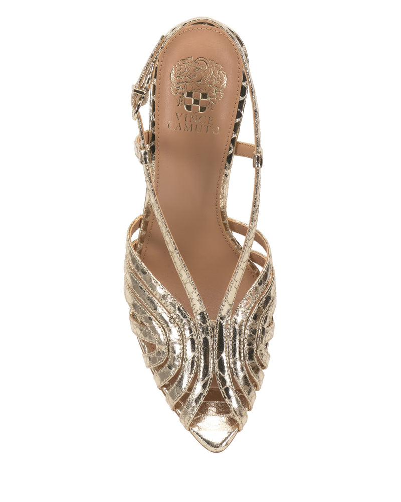 Top view of the Vince Camuto Hannie Slingback Sandal in gold glitter, featuring an open toe, caged silhouette, ankle strap, and tan insole with logo near the heel. Intricate cut-out design adds elegance to this striking shoe.
