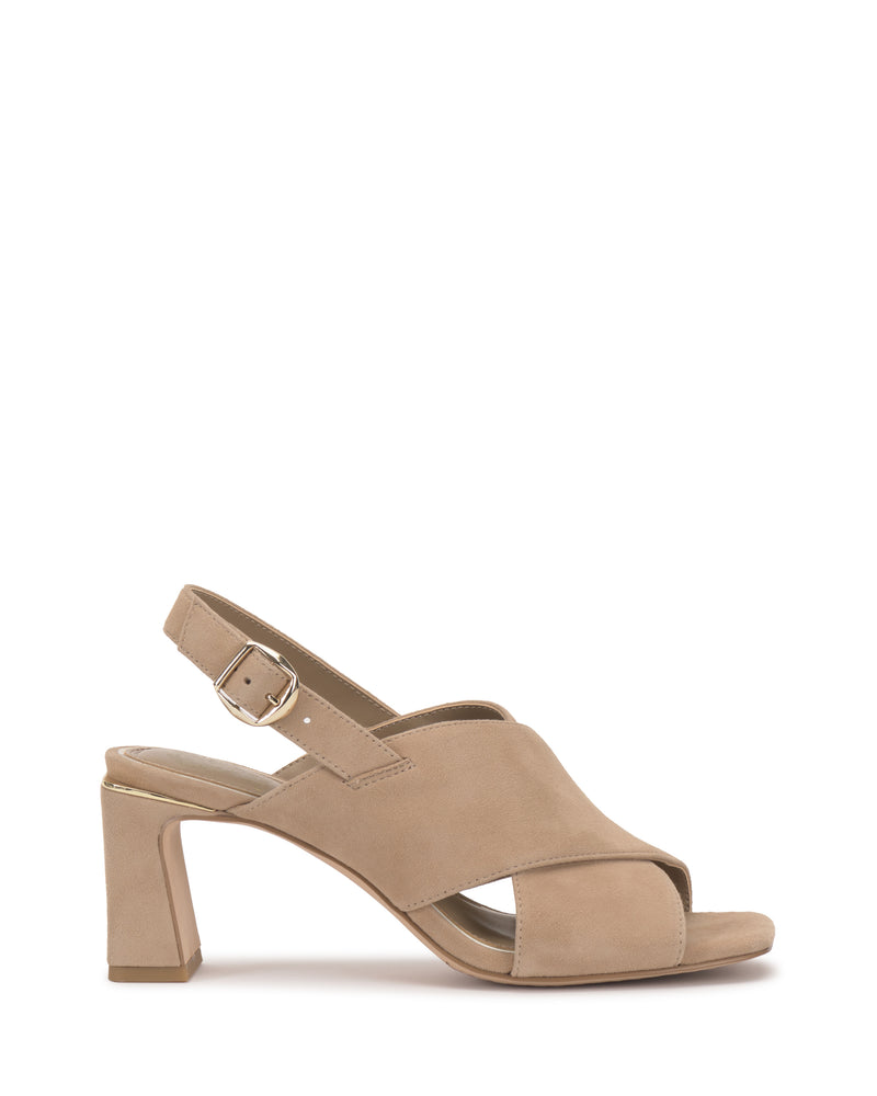 Step out in style with the Harlynn Sandal from Vince Camuto—a beige suede block heel sandal featuring a mid-height heel, open toe, and elegant crisscross front straps. This chic cross-band slingback design includes an ankle strap with a gold buckle for secure comfort, making it a standout addition to your Vince Camuto sandals collection.