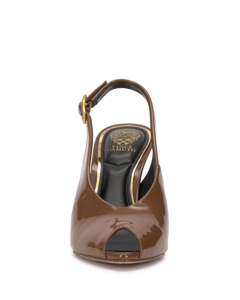 Front view of the Vince Camuto Helenza Pump, a brown patent leather slingback with a skinny heel, peep-toe design, gold buckle detail, and a black insole featuring a gold Vince Camuto logo.