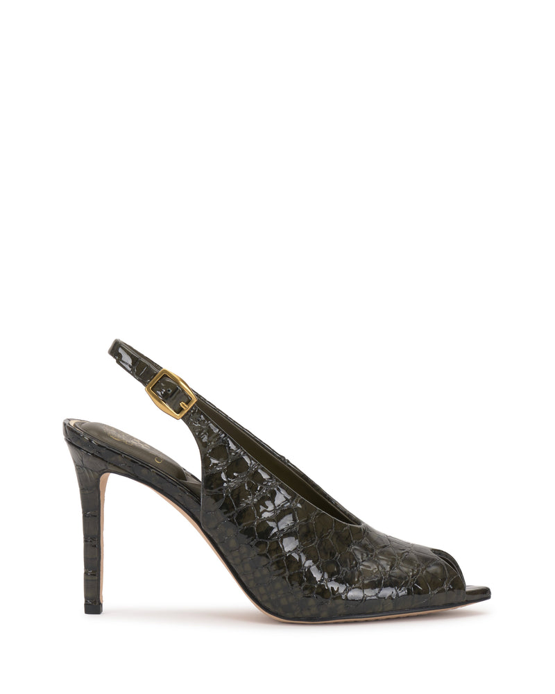 Introducing the Helenza Pump by Vince Camuto—a single high-heeled, open-toe slingback shoe crafted with a black, shiny faux snakeskin texture and accented by a gold buckle on the strap. This stylish pump features an elegant peep toe design and a skinny heel for a sophisticated look.