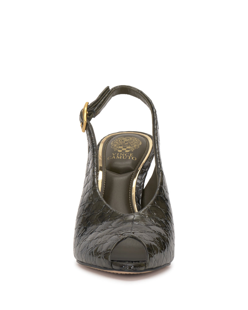 Front view of the Helenza Pump by Vince Camuto, a dark, textured slingback with a skinny heel, open peep toe design, gold buckle detail, and a floral logo on the insole.