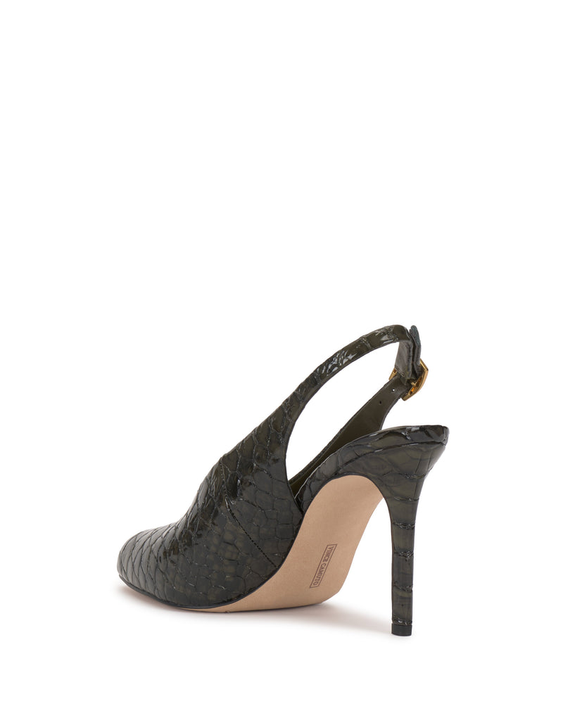 The Helenza Pump by Vince Camuto is a dark green slingback with a crocodile-embossed texture. This high-heeled shoe features a skinny heel and an adjustable back strap with a small buckle, shown against a white background.