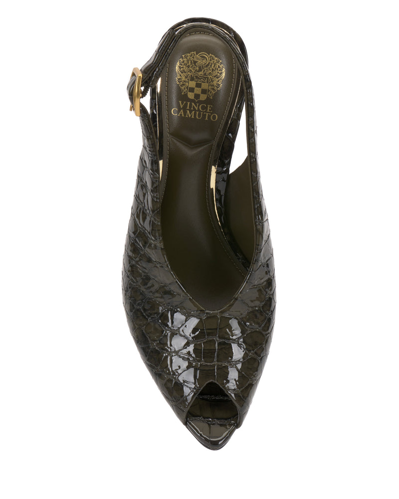 Top view of the Vince Camuto Helenza Pump, a glossy dark green slingback peep-toe heel featuring a crocodile pattern, gold buckle detail on the strap, and skinny heel; Vince Camuto logo visible on the insole.
