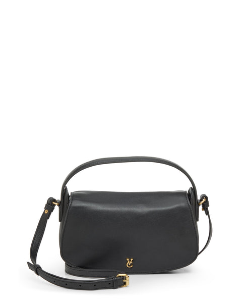 The Vince Camuto Jayda Crossbody Bag is crafted from black nappa leather and features a top handle, adjustable crossbody strap, small gold clasp detail, and a minimalist, structured silhouette.