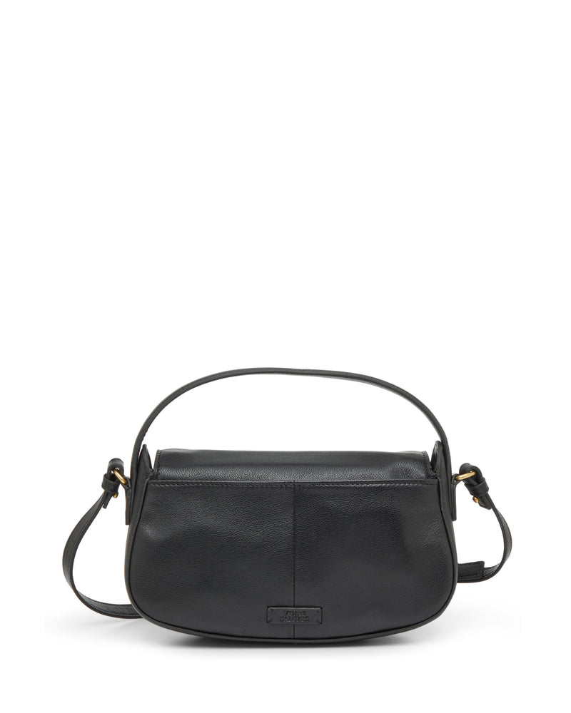 The Vince Camuto Jayda Crossbody Bag, crafted in black nappa leather, features a curved rectangular shape, short top handle, and adjustable crossbody strap, displayed on a plain white background.