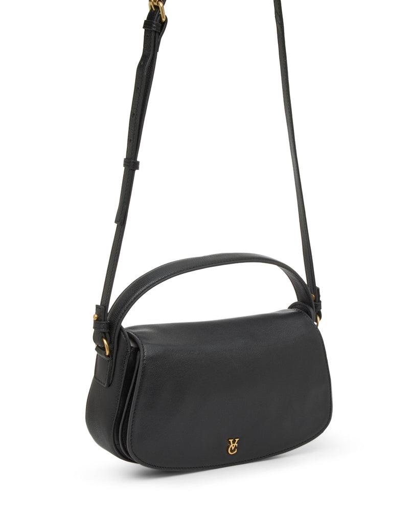 The Vince Camuto Jayda Crossbody Bag features black nappa leather, an adjustable strap, gold hardware, a small front gold emblem, a smooth structured design, and a curved flap closure.