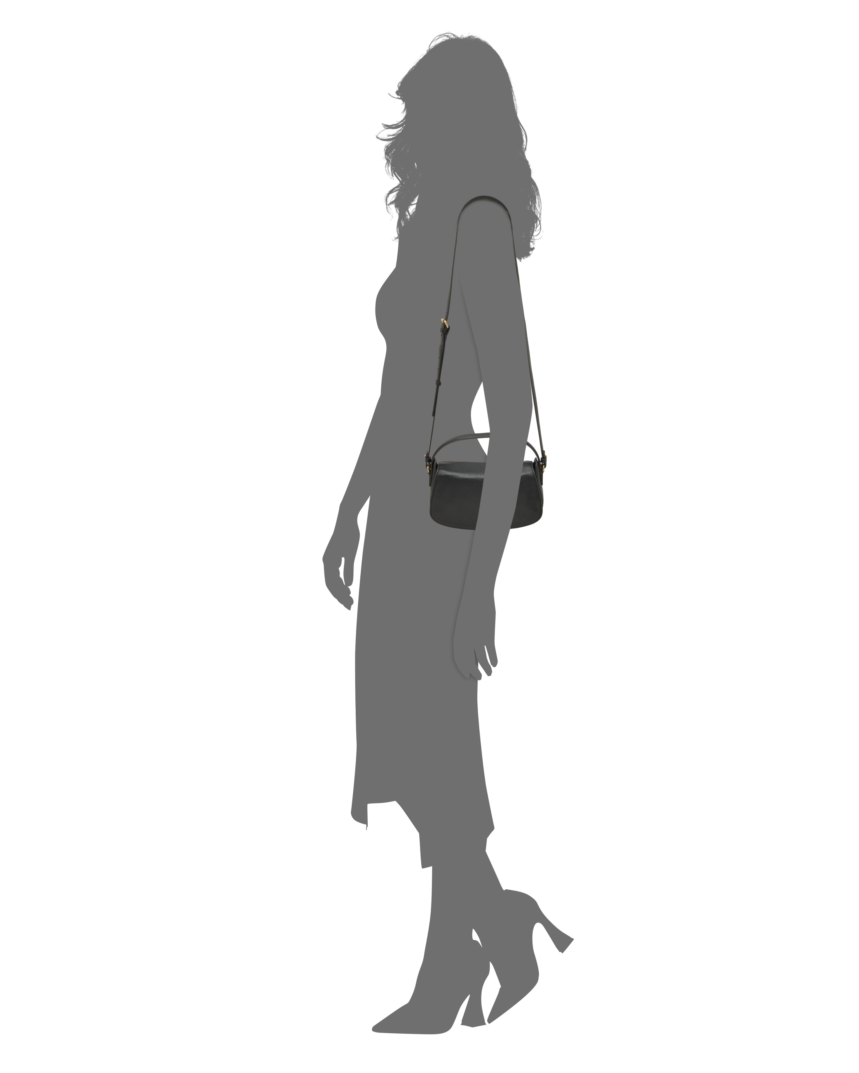 A gray silhouette of a woman in a midi dress and heels carries the Vince Camuto Jayda Crossbody Bag, shown with its strap against a white background.