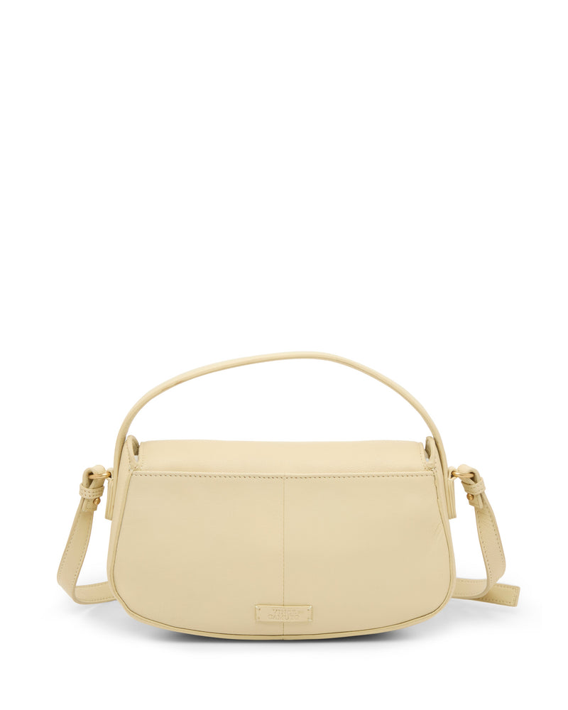 A soft nappa leather Jayda Crossbody Bag by Vince Camuto is displayed from the back in light yellow.