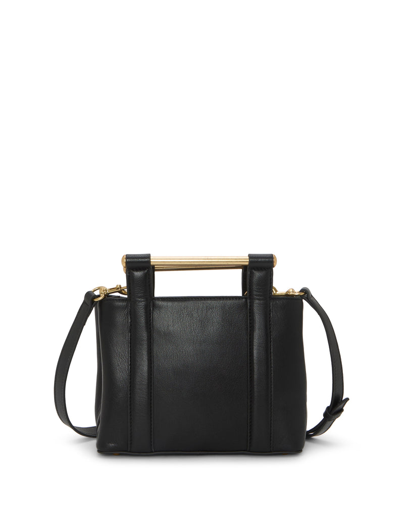 The Jayda Satchel Bag by Vince Camuto is a structured black leather bag with gold bar handles and an adjustable shoulder strap, shown on a white background. Its design is rectangular and minimalistic.