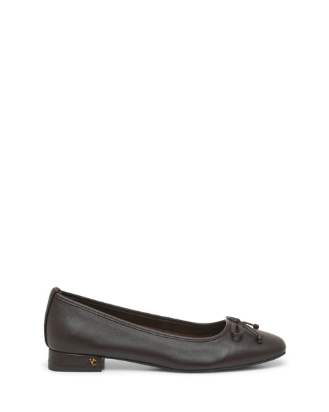 The Vince Camuto Jenlea Ballet Flat is a dark brown leather shoe featuring a bow accent on the toe and a low block heel, displayed on a white background.