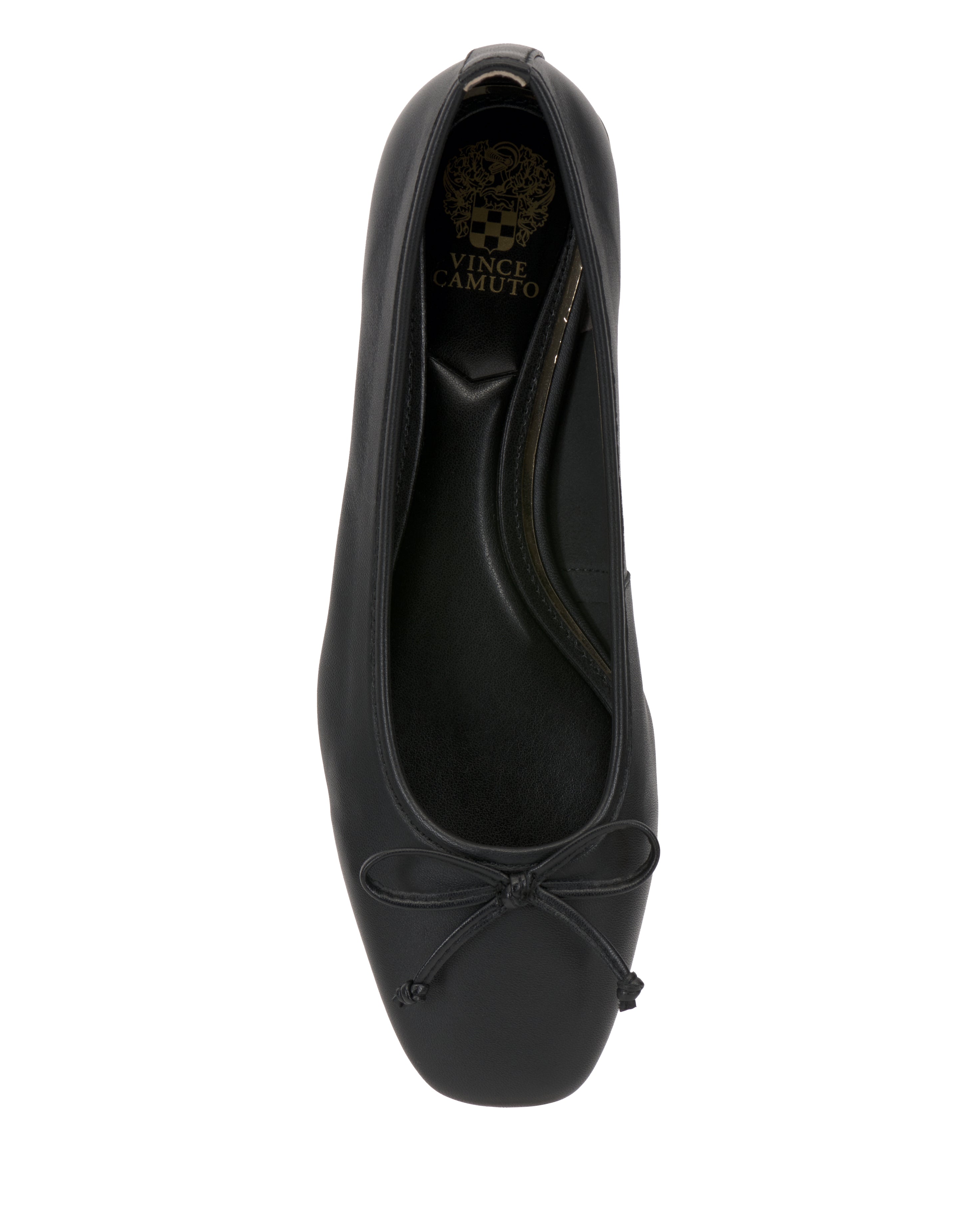 Top view of the Jenlea Ballet Flat by Vince Camuto, featuring a black square toe with a small front bow and the gold Vince Camuto logo inside the heel.