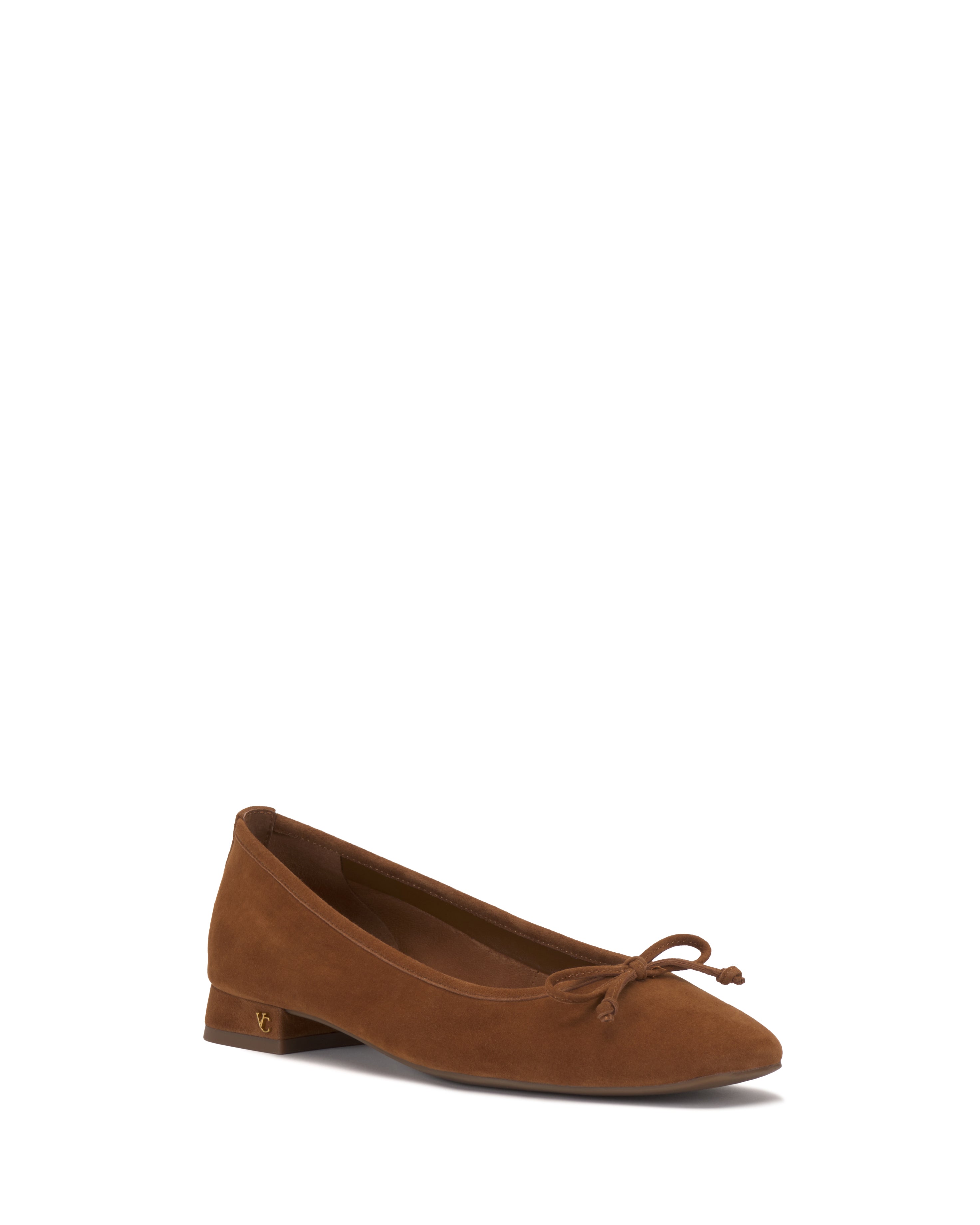 The Vince Camuto Jenlea Ballet Flat is a single brown suede shoe with a small bow on the toe and a short heel, shown against a plain white background.