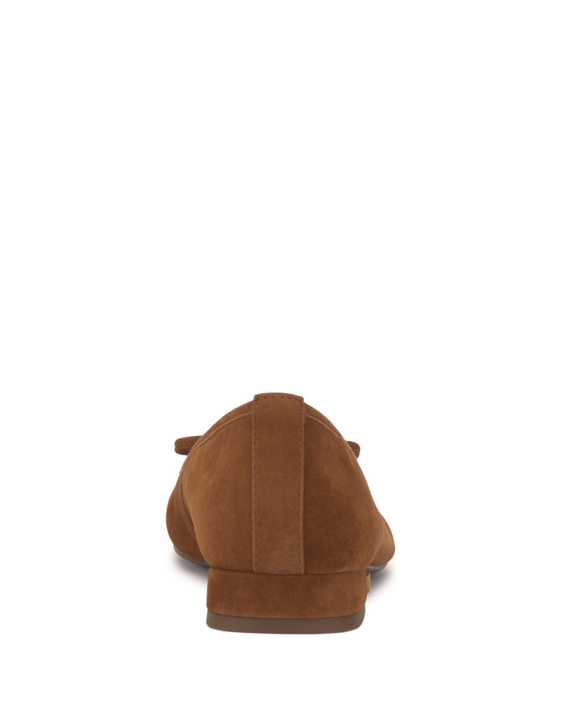 Rear view of the Vince Camuto Jenlea Ballet Flat in brown suede, featuring a flat heel and center seam, shown against a white background.