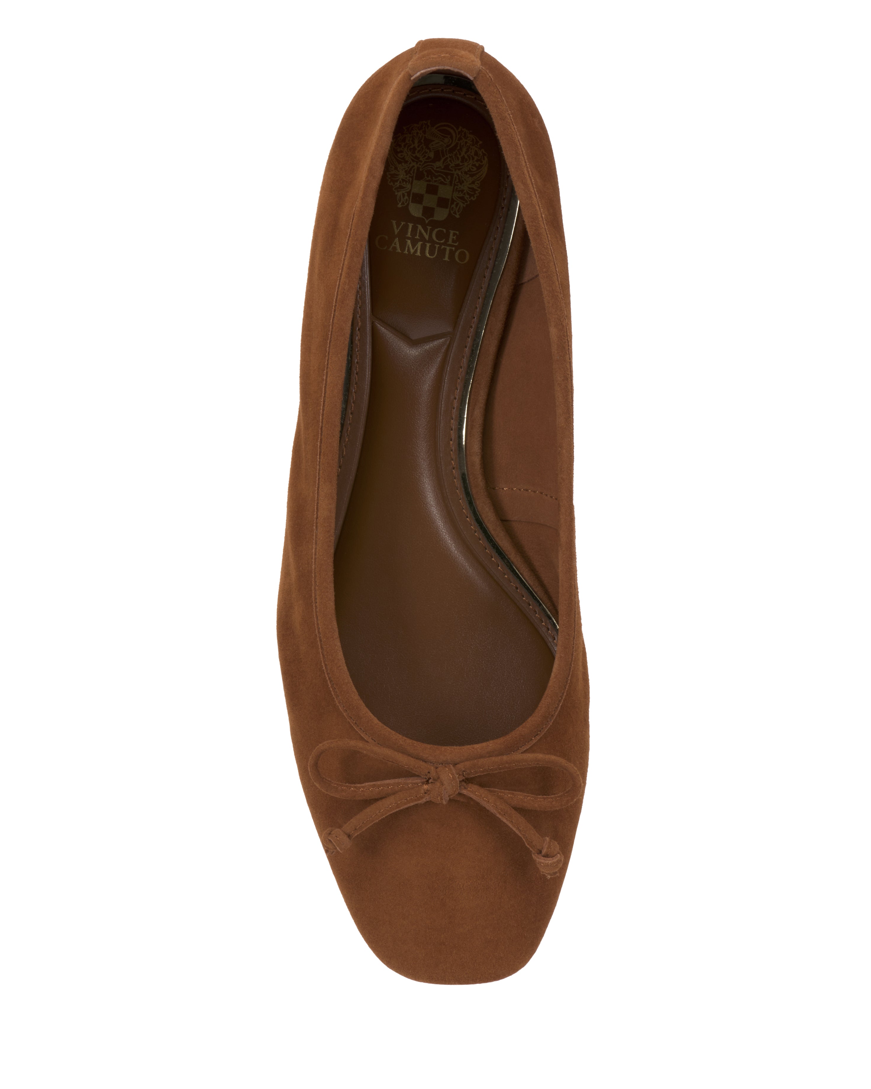 Top view of the Vince Camuto Jenlea Ballet Flat in brown suede, featuring a rounded square toe, a front bow, and a brown insole with the Vince Camuto logo near the heel.