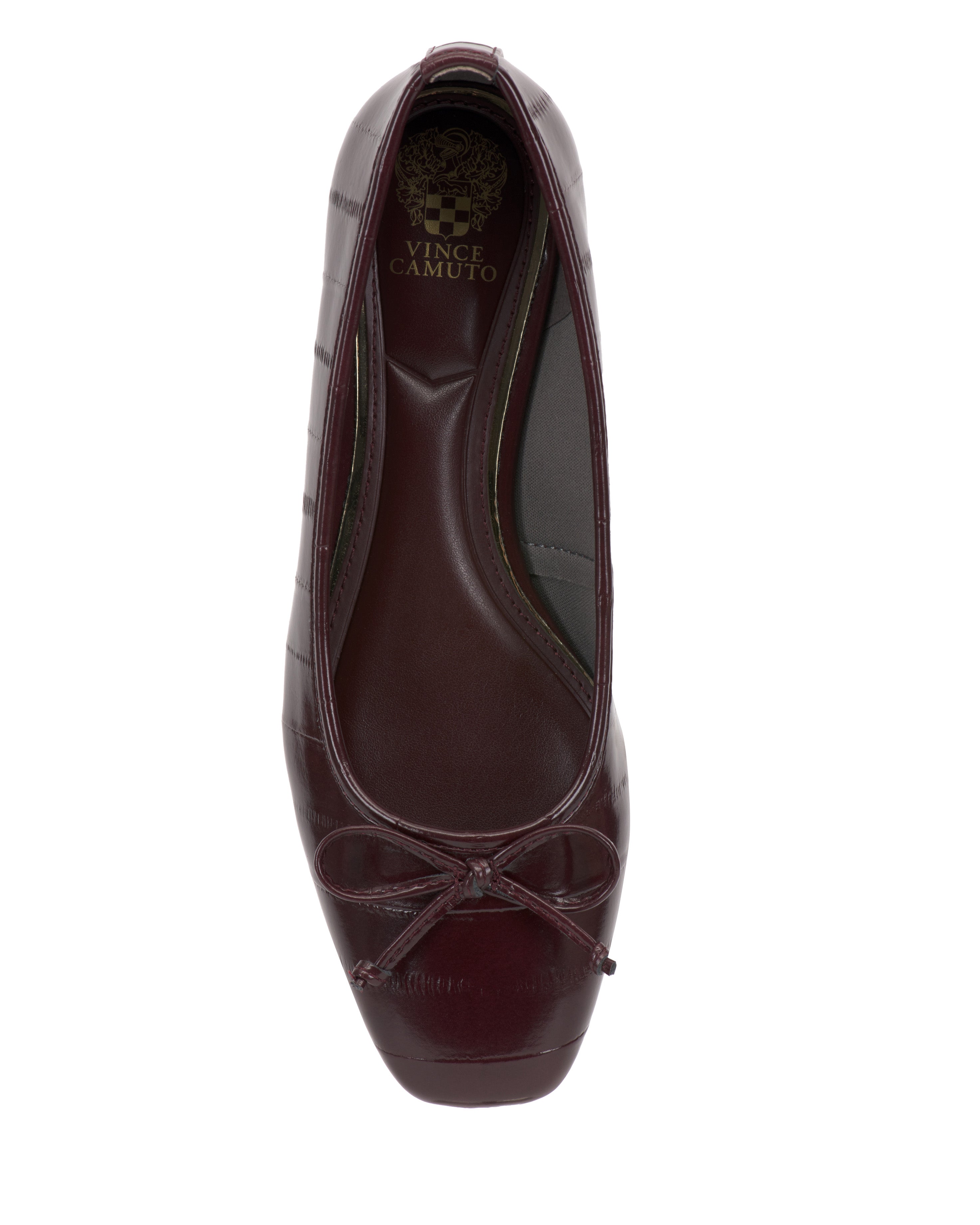 A top view of the Vince Camuto Jenlea Ballet Flat for women, featuring a burgundy color, square toe, and a decorative bow on the front.