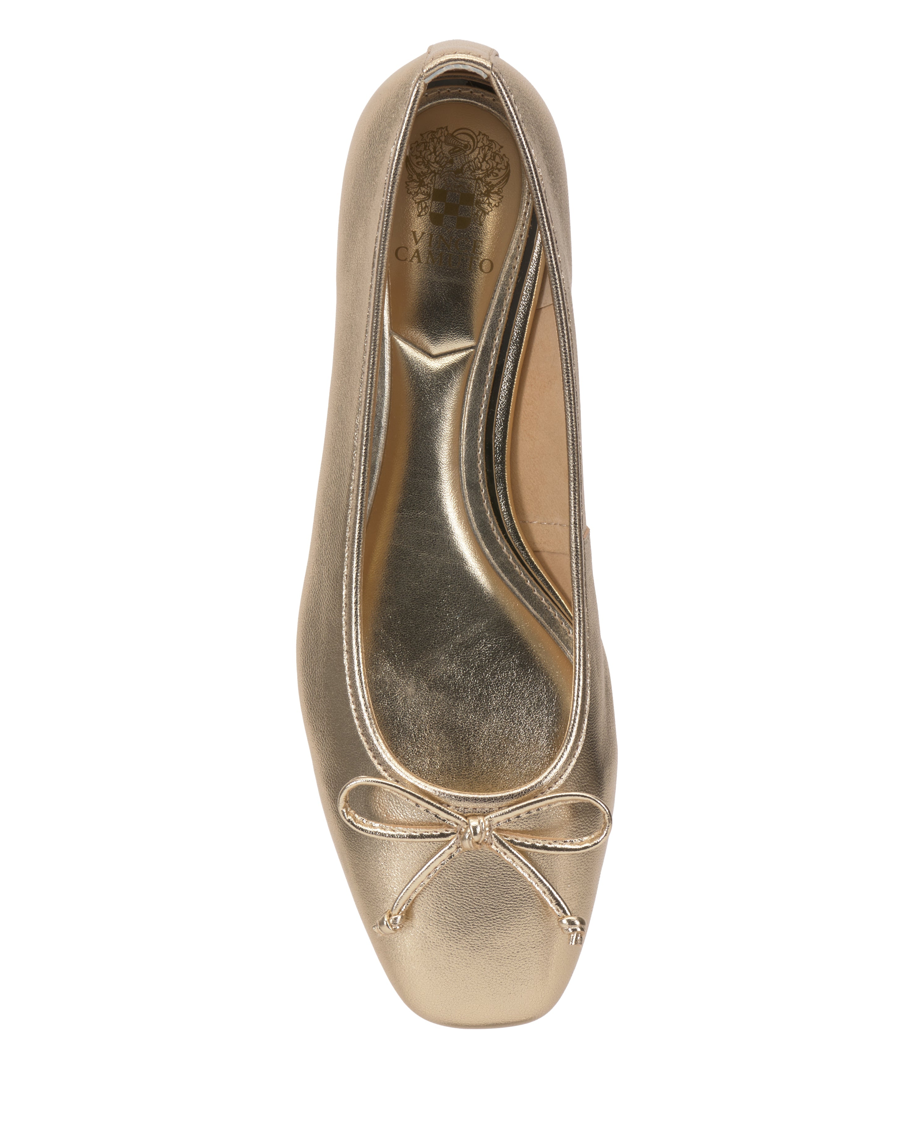Top view of the Vince Camuto Jenlea Ballet Flat featuring shiny metallic gold color, square toe, low block heel, and a small bow accent on the front.