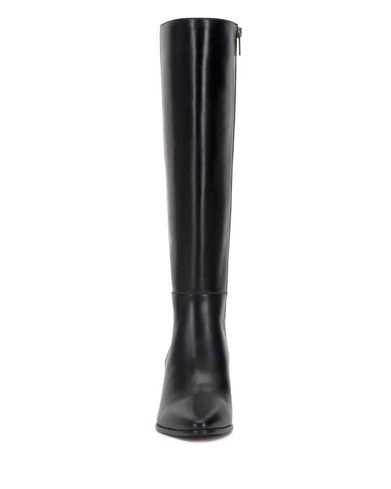 The Vince Camuto Jorela Narrow Calf Knee High Boot is shown from the front, featuring a smooth, sleek leather design with a rounded toe and a side zipper.