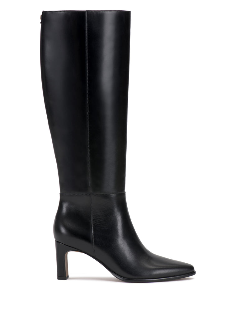 The Vince Camuto Jorela Knee High Boot, shown from the side against a white background, is a single black leather boot featuring a pointed toe and a high block heel.
