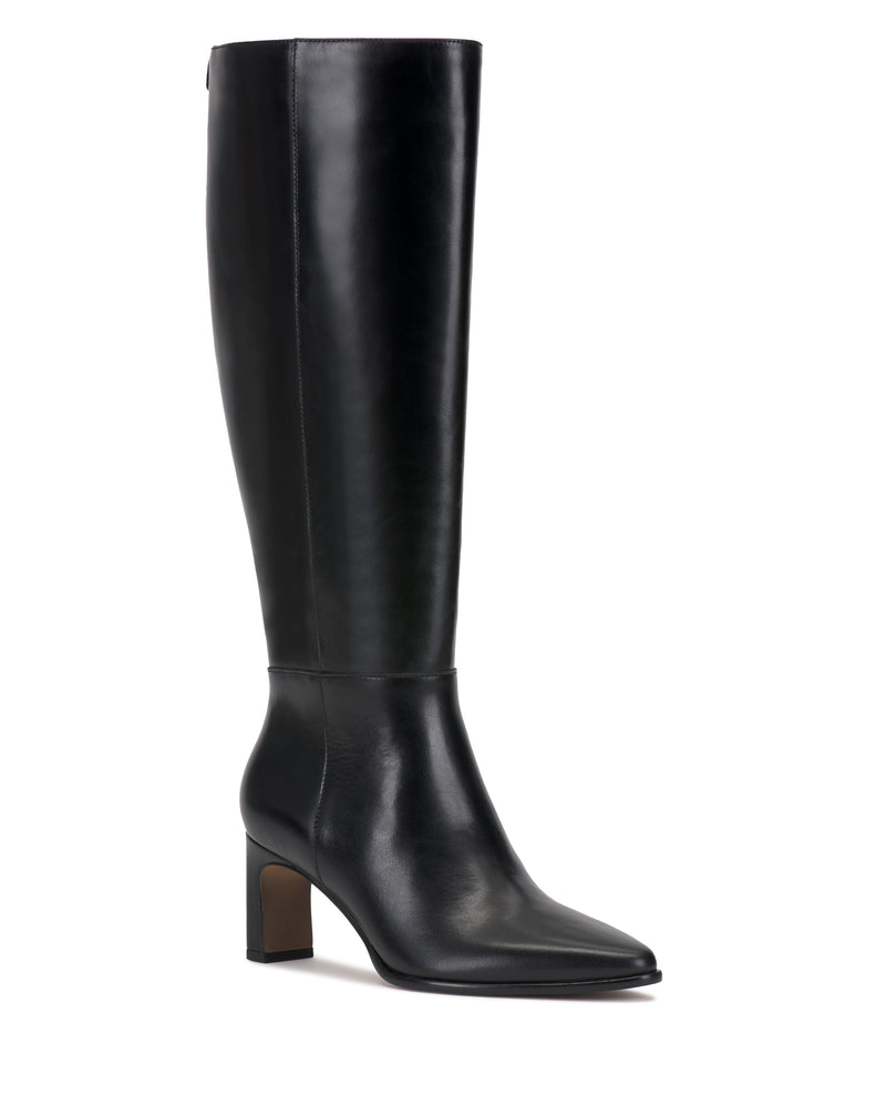 The Vince Camuto Jorela Knee High Boot is a single black leather boot featuring a rounded pointed toe and a high block heel, displayed against a plain white background.