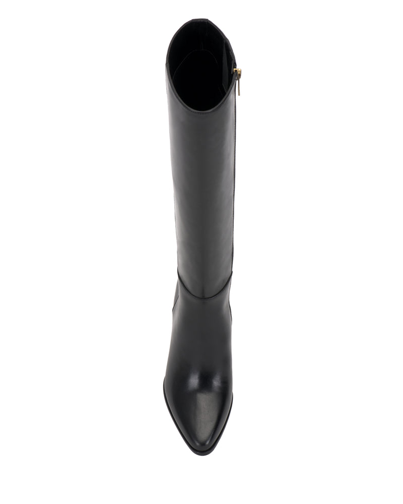 The Jorela Knee High Boot by Vince Camuto, a single black leather boot with a pointed toe, is displayed from above on a white background.