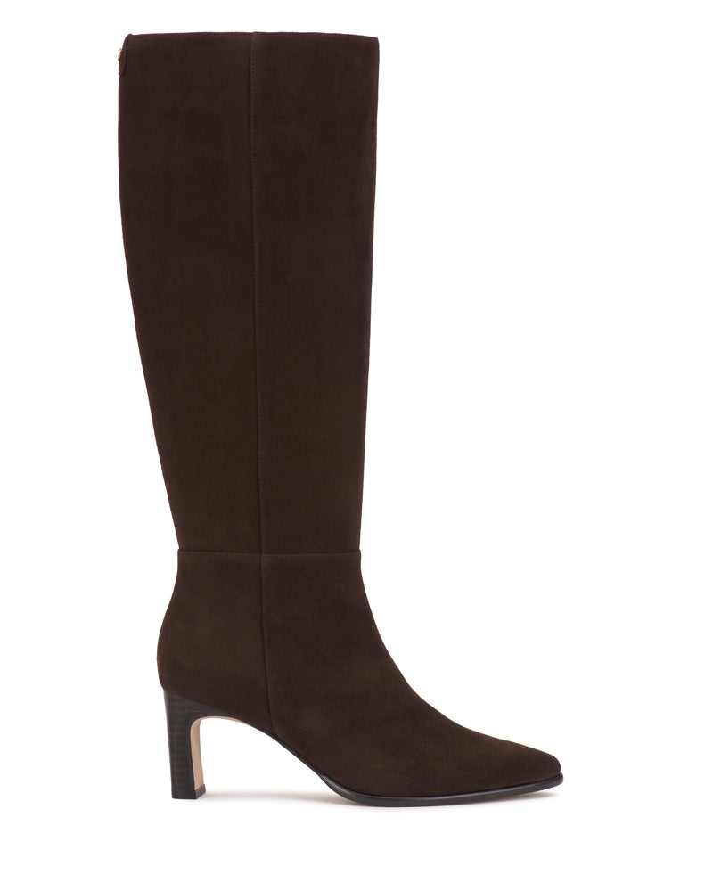 The Vince Camuto Jorela Knee High Boot, featuring a tall silhouette in dark brown suede with a pointed toe and a high, slim heel, is displayed against a white background.