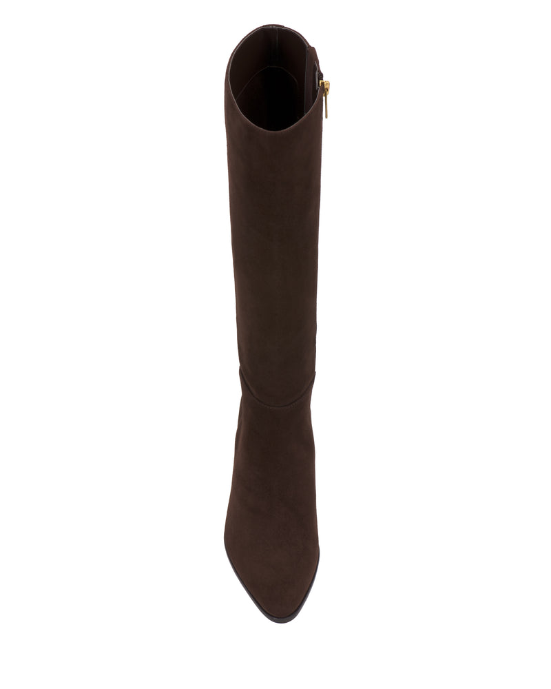 A single Vince Camuto Jorela Knee High Boot in brown suede, featuring a pointed toe and side zipper, is shown from above against a white background.