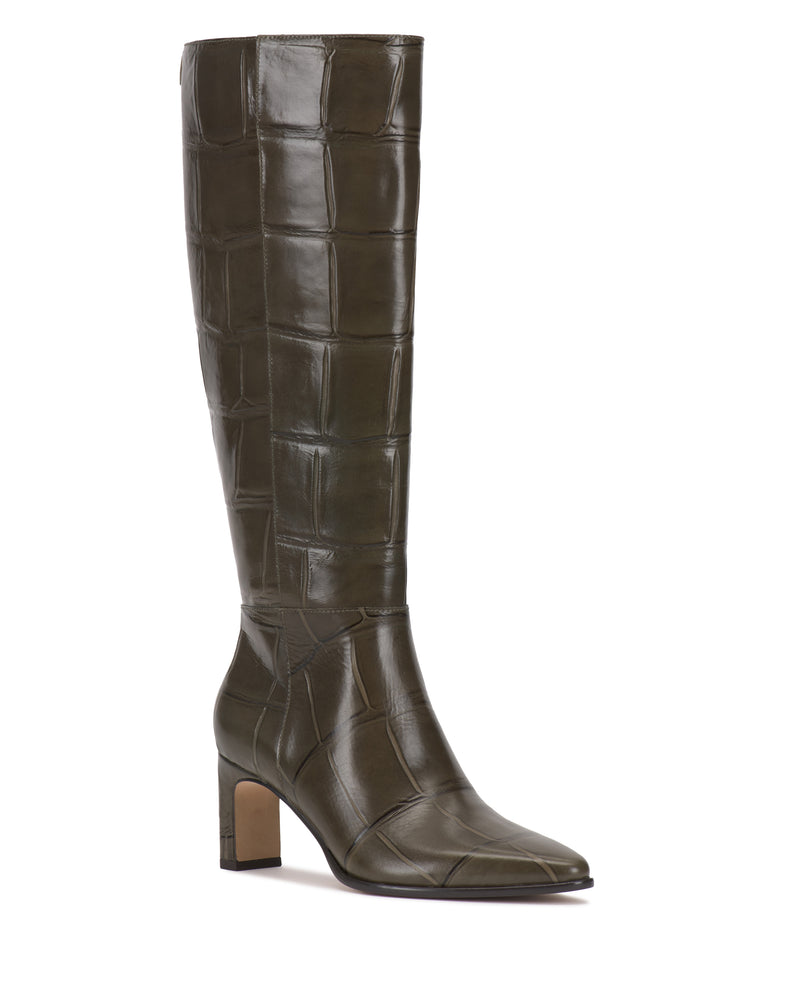 The Jorela Knee High Boot by Vince Camuto is an olive green knee-high boot with a square toe and block heel, featuring a crocodile-embossed leather texture.