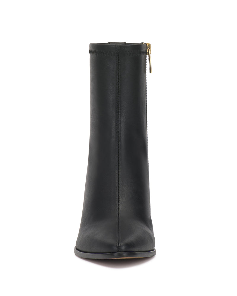 Front view of the Julea Bootie by Vince Camuto in black leather, featuring a center seam, a visible gold zipper pull on the side, a slightly pointed toe, and a smooth finish.