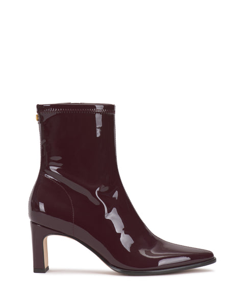 Deep burgundy patent leather Vince Camuto Julea Bootie with a pointed toe and a slim block heel.