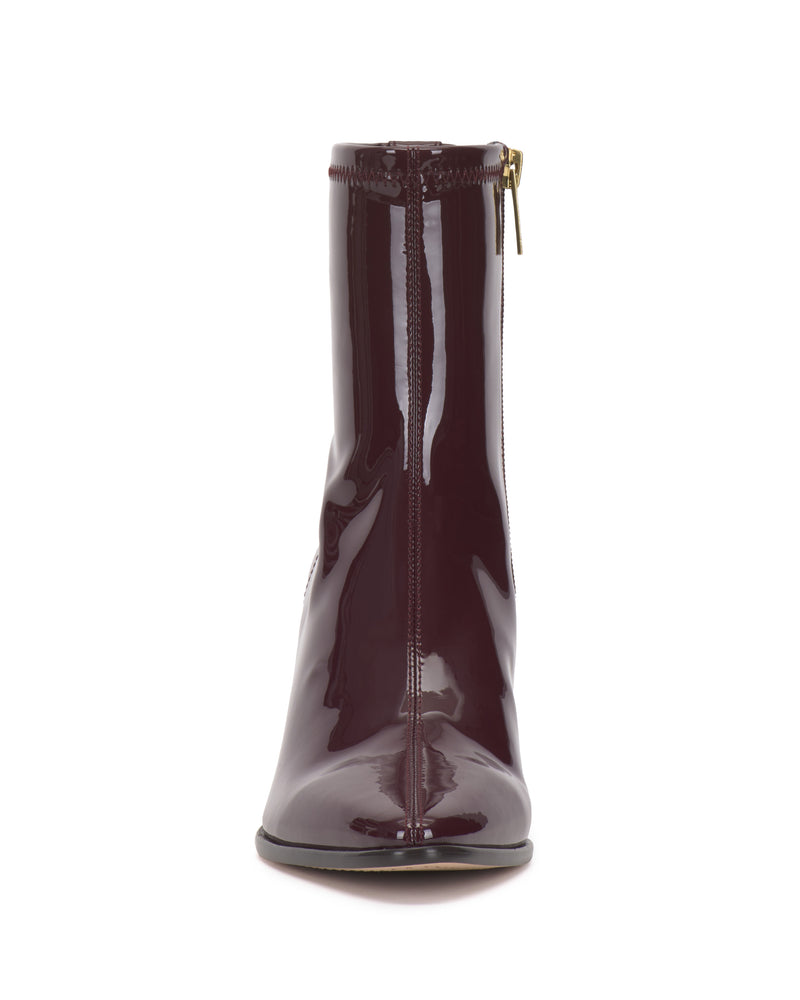 Dark burgundy patent leather Julea Bootie by Vince Camuto with a block heel, a side zipper, and a square toe.