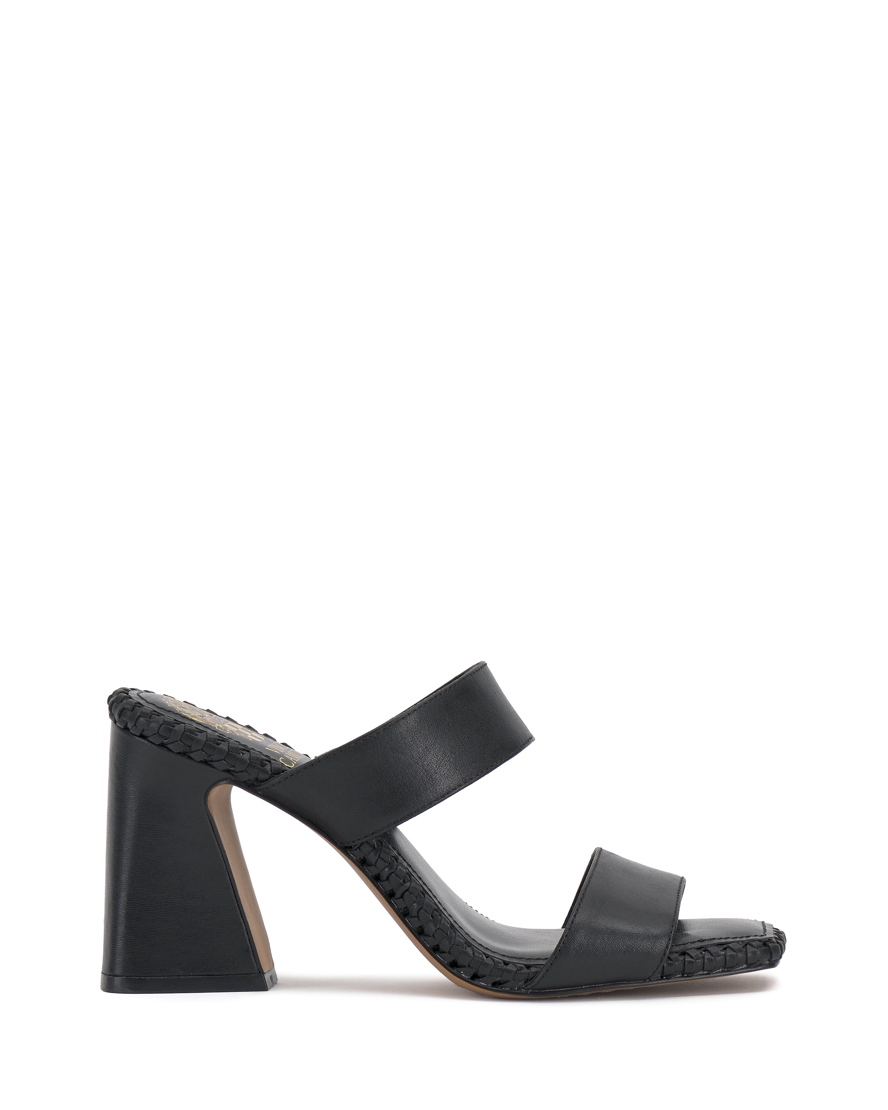 The Vince Camuto Kaden Mule features black block heels, two wide foot straps, an open toe, flared heel, and boho-inspired braided detailing along the woven midsole.