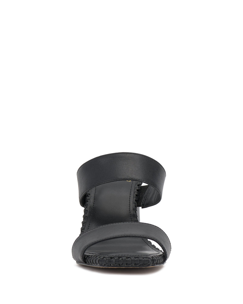 Front view of the Kaden Mule by Vince Camuto—black open-toe block heel sandal with two wide straps and a textured sole, shown against a plain white background.